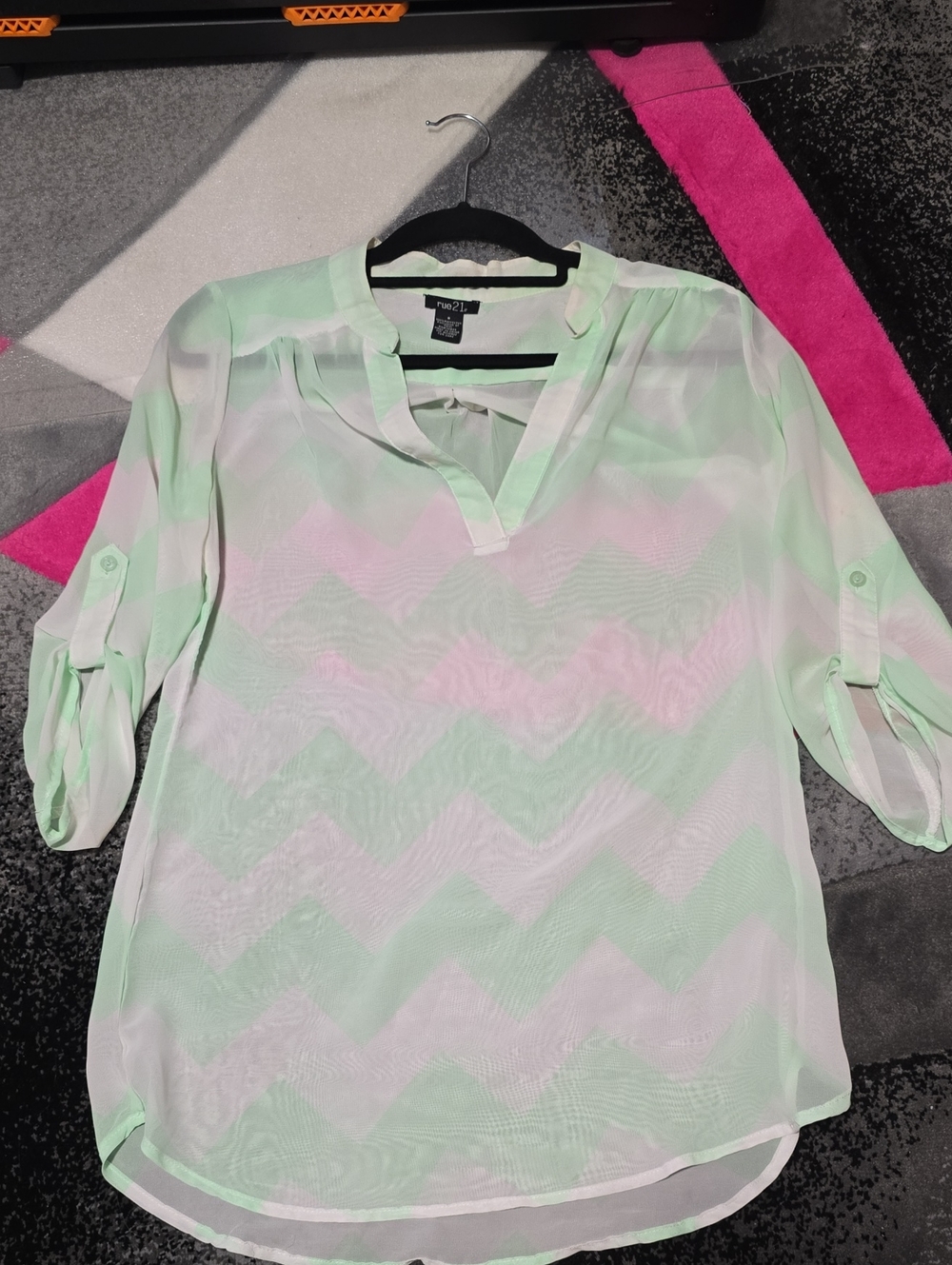 Rue21 Mint and White Chevron Split-Neck Sheer Blouse
